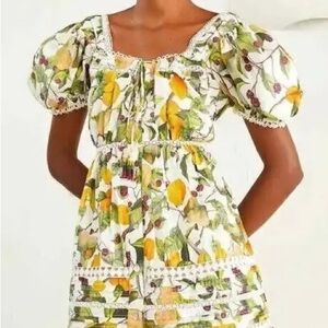 FARM Rio Yellow and Green Puff Sleeve Mini Sundress